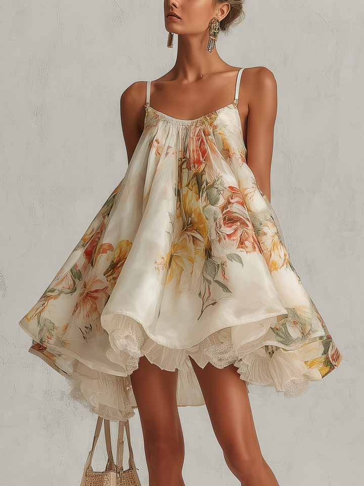 Beige virágmintás organza mini A-vonalú ruha csipkebordűrrel - Image 1