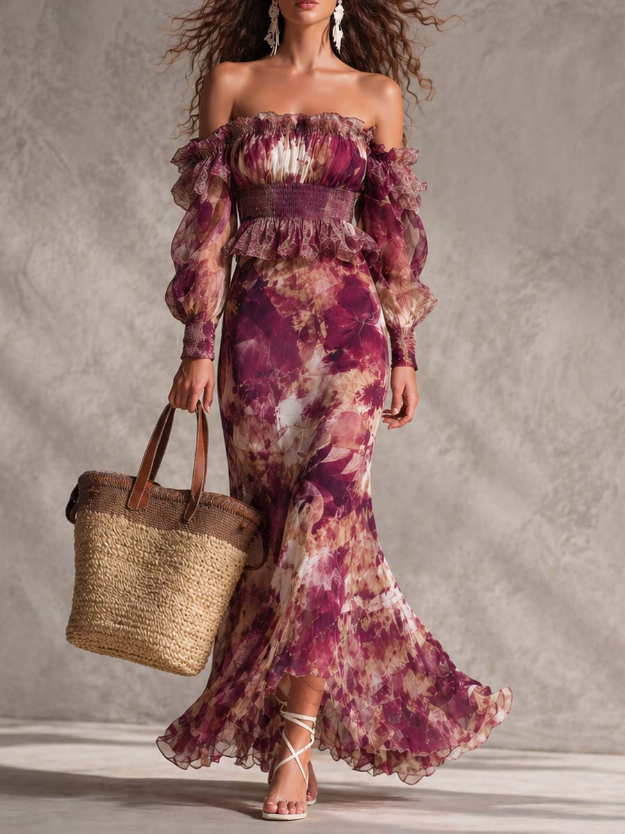 Rózsaszín Chiffon Maxi Ruha Virágokkal, Vállnélküli - Image 1
