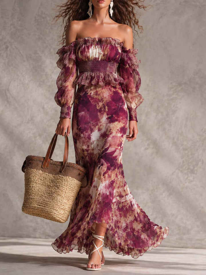 Rózsaszín Chiffon Maxi Ruha Virágokkal, Vállnélküli - Image 1