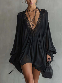 Fekete Chiffon Mini Halter Ruha Csipkegallérral