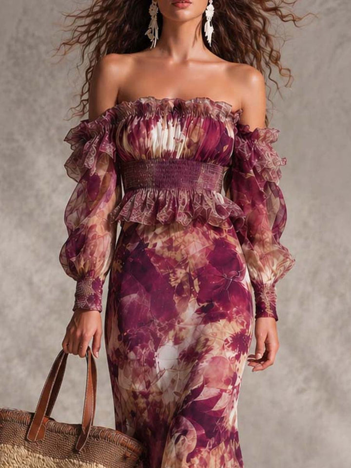 Rózsaszín Chiffon Maxi Ruha Virágokkal, Vállnélküli - Image 2