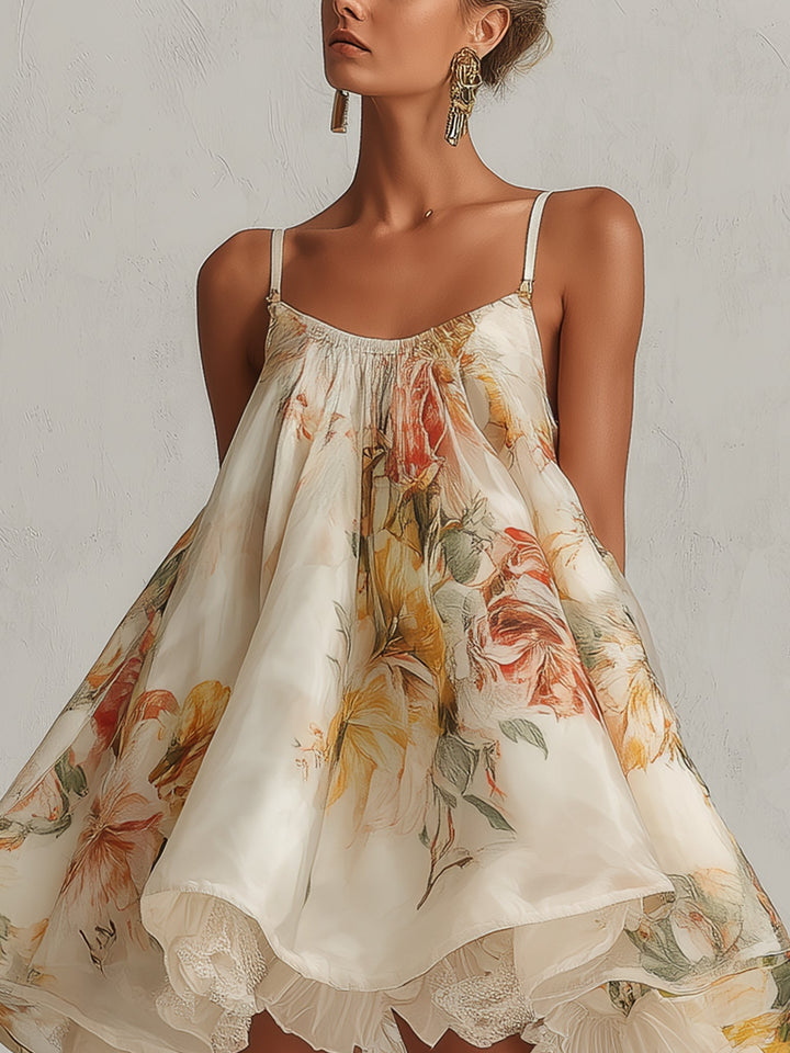 Beige virágmintás organza mini A-vonalú ruha csipkebordűrrel - Image 3