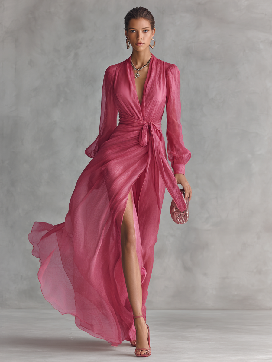 Elegant flowy chiffon V-neck midi dress, front view. Image 2 of 5.