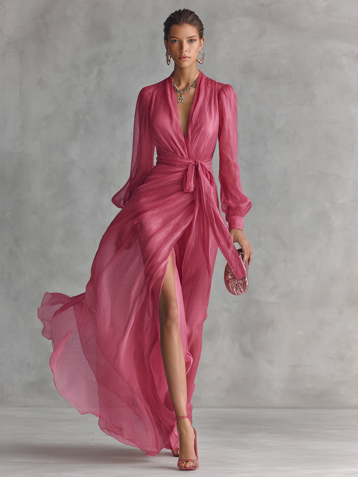 Elegant flowy chiffon V-neck midi dress, front view. Image 2 of 5.