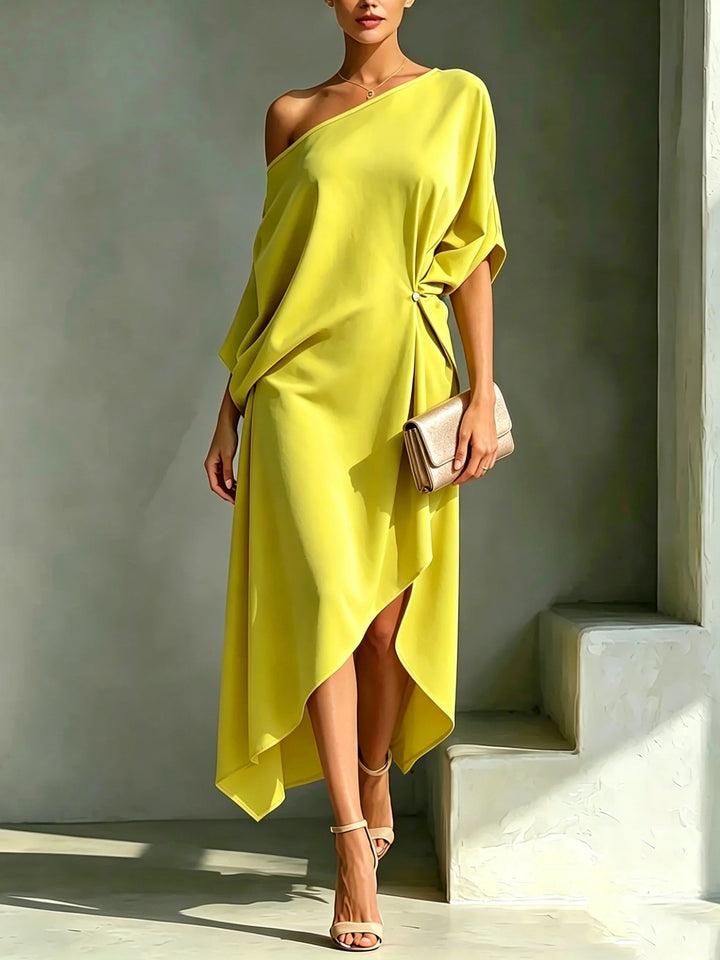 Camila elegant asymmetric dress for women, front view, model wearing.