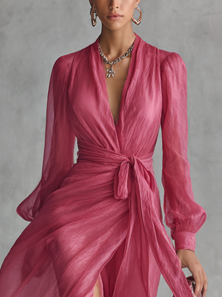 Elegant flowy chiffon V-neck midi dress, product image 3 of 5.