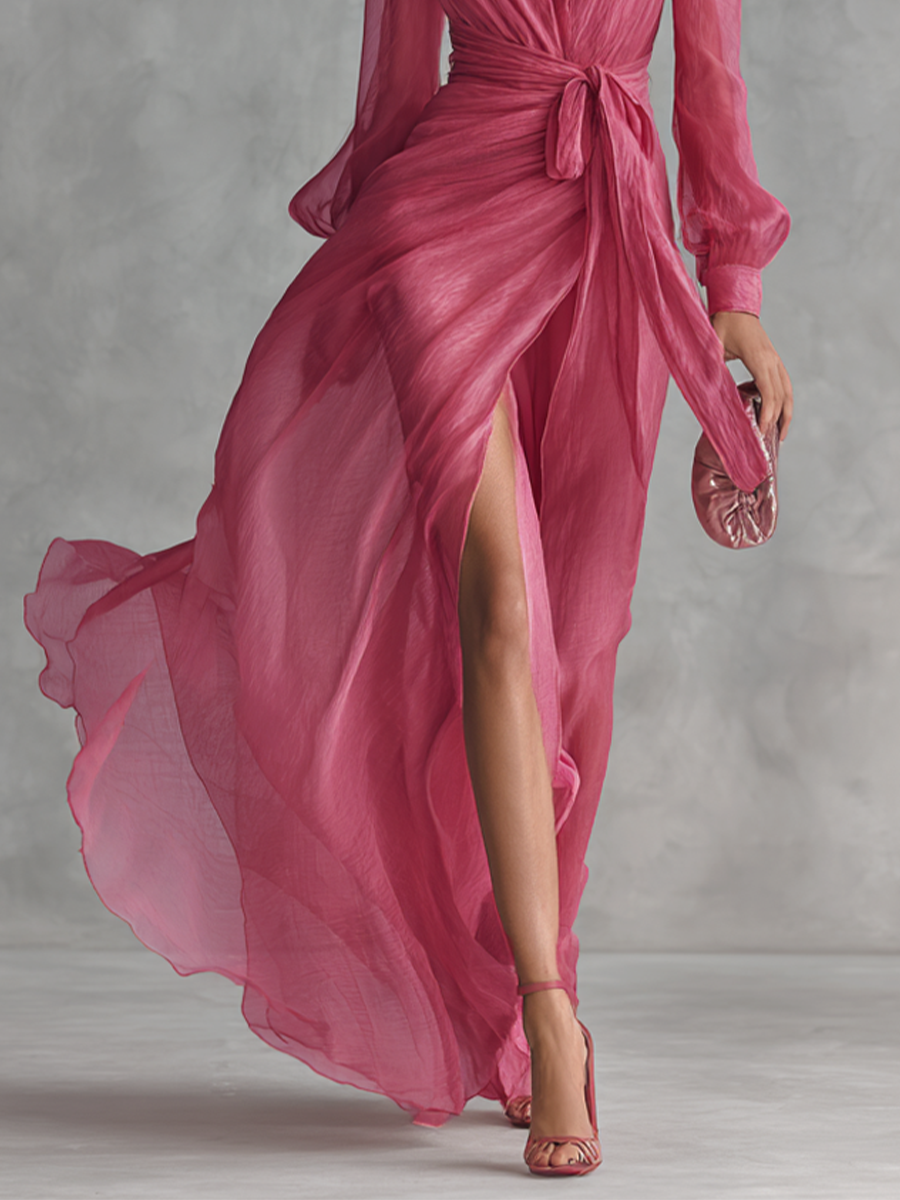 Elegant flowy chiffon V-neck midi dress, fourth product image.