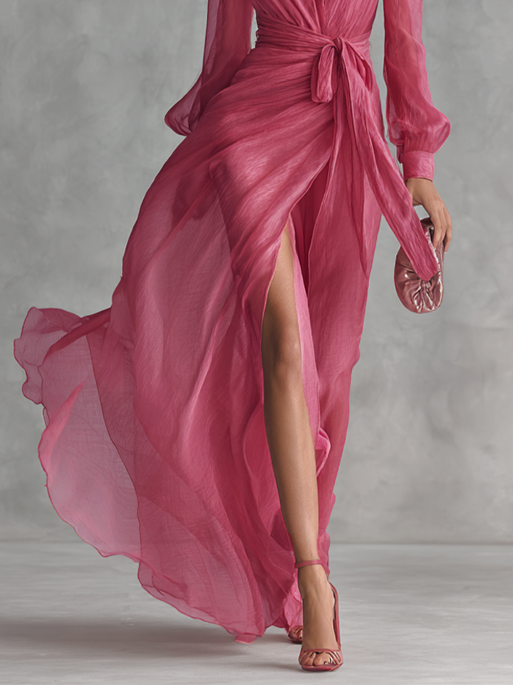 Elegant flowy chiffon V-neck midi dress, fourth product image.