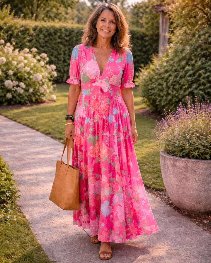 Ione | Kurzes ärmelloses V-Ausschnitt Blumen-Midi-Kleid - Image 1