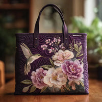 Kézműves lila bélelt táska kolibrivel és orchideával