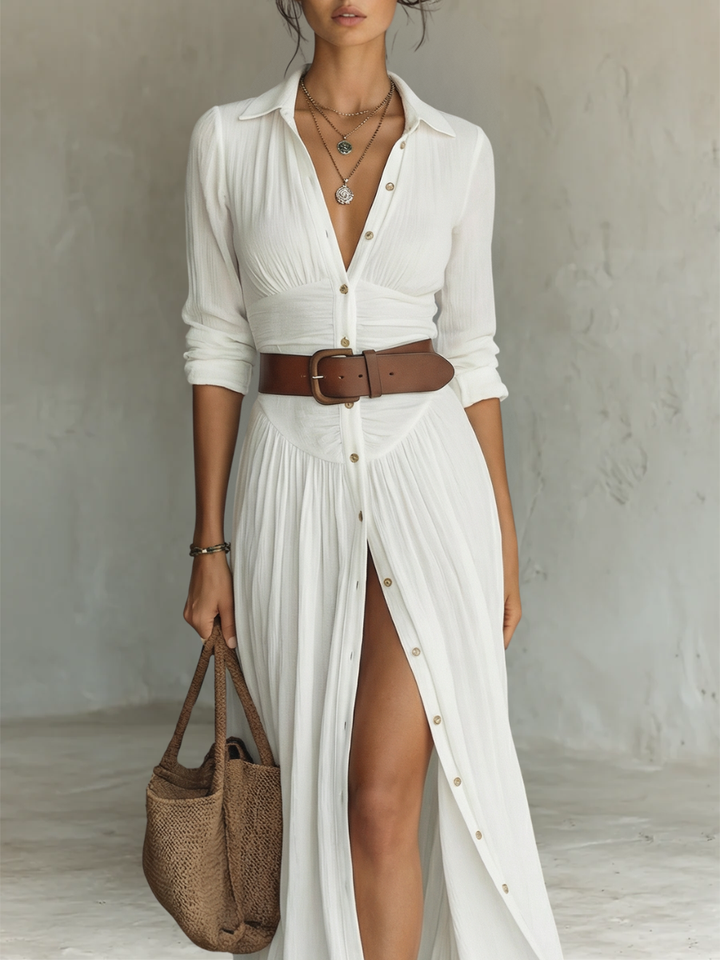 Linen Pleated Maxi Dress, flowy & elegant, back view. Image 3 of 3.