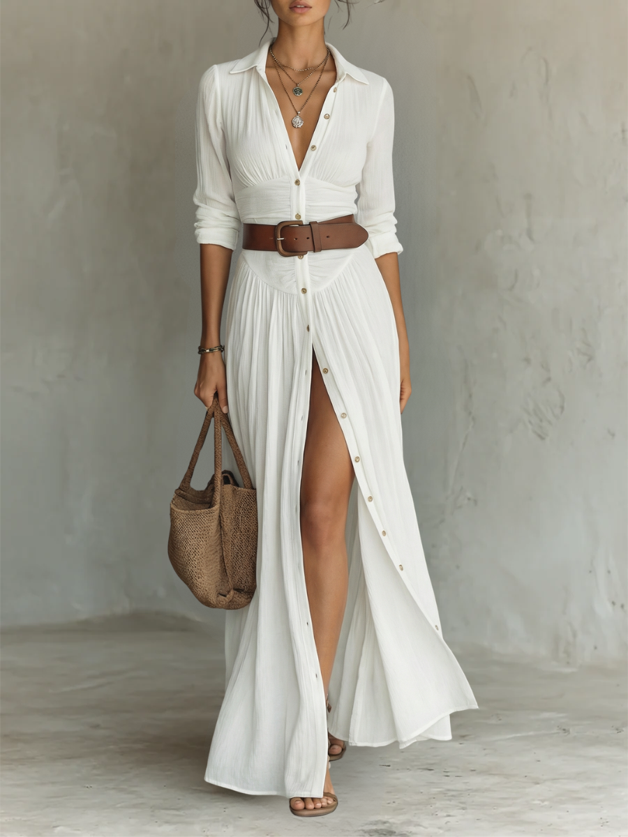 Elegantes Leinen Maxikleid Langarm mit Reverskragen, Vorderansicht, Model trägt.