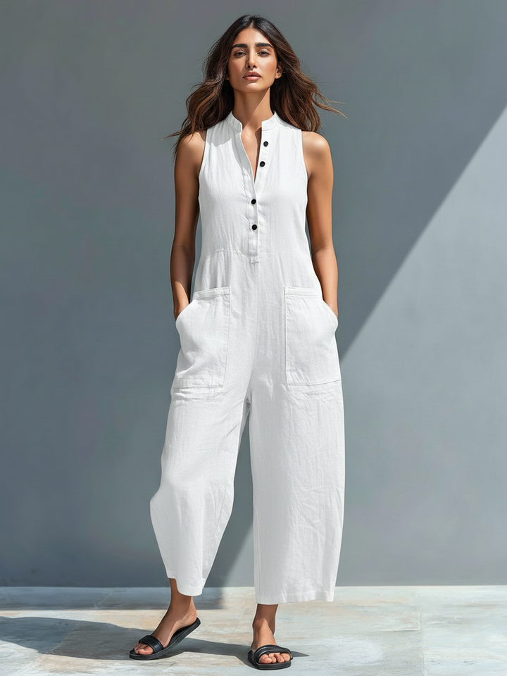 Damen Leinen Latzhose ärmellos, bequem, stilvoll, hinten Ansicht, Model 7 von 7