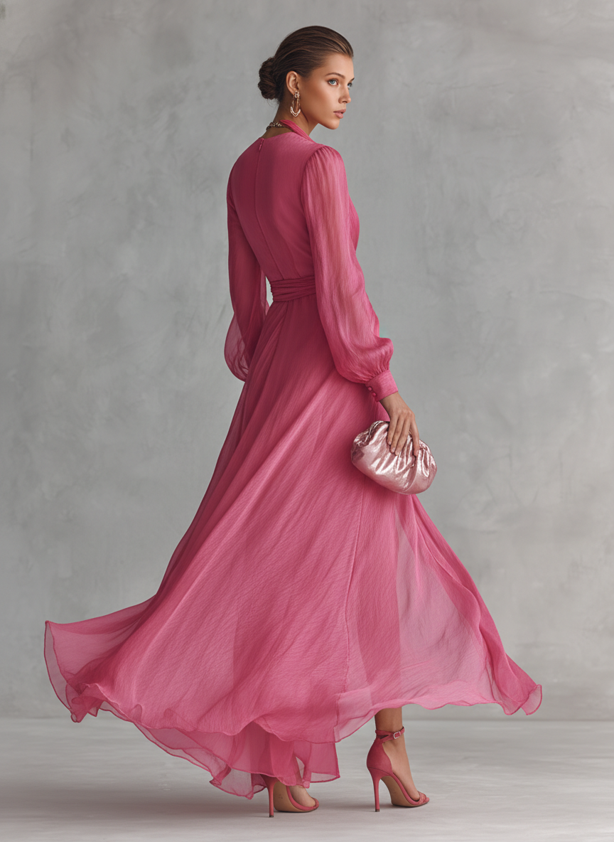 Elegant flowy midi chiffon V-neck dress, back view. Product shot 5 of 5.