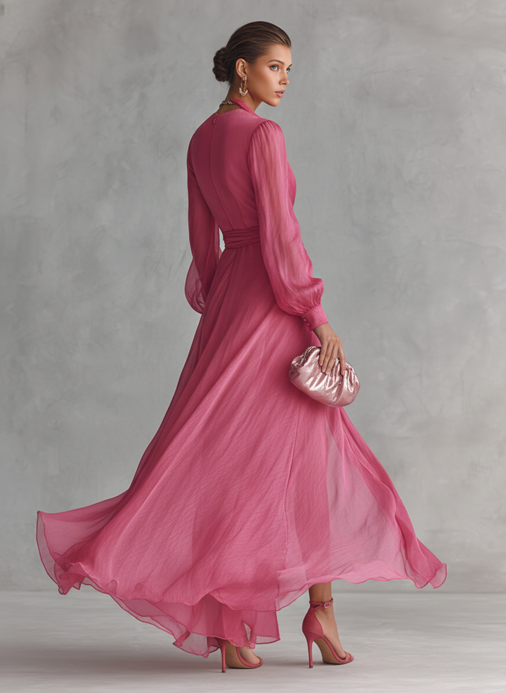 Elegant flowy midi chiffon V-neck dress, back view. Product shot 5 of 5.