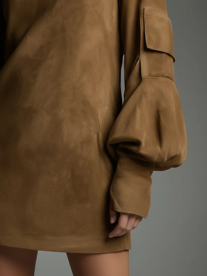 Vintage Suede Mini Ruha Magas Nyakkal - Image 3