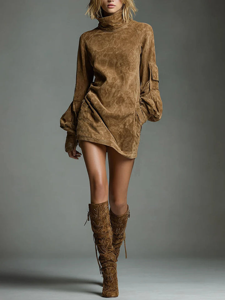 Vintage Suede Mini Ruha Magas Nyakkal - Image 1