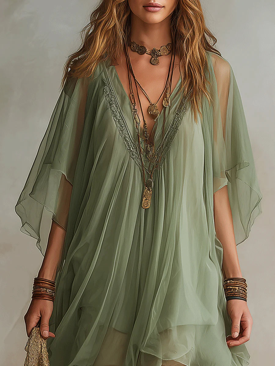 Zöld Chiffon Mini Folyóruha V Kivágással - Image 5