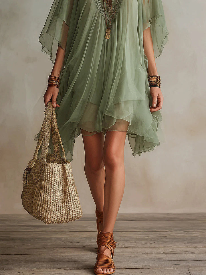 Zöld Chiffon Mini Lebegő Ruha V-kivágással