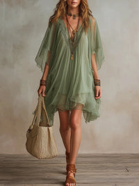 Zöld Chiffon Mini Lebegő Ruha V-kivágással