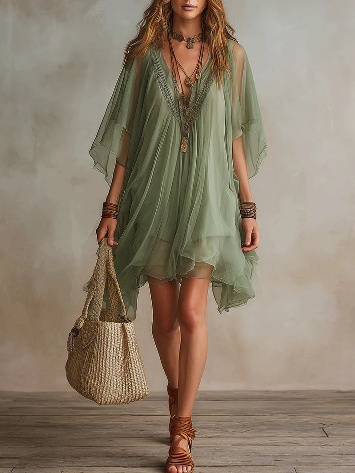 Zöld Chiffon Mini Lebegő Ruha V-kivágással
