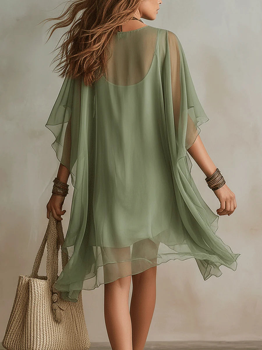 Zöld Chiffon Mini Lebegő Ruha V-kivágással