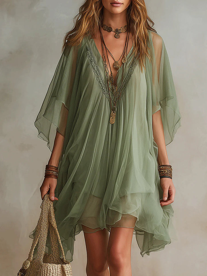 Zöld Chiffon Mini Folyóruha V Kivágással - Image 4