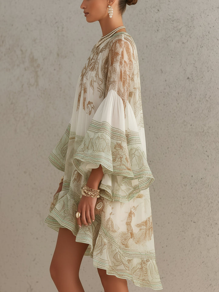 Chiffon Mini Ruha Volános Ujjakkal és Csíkos Zöld Szegéllyel - Image 3