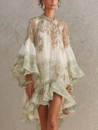 Zöld Chiffon Mini Ruha Rózsás Ujjakkal