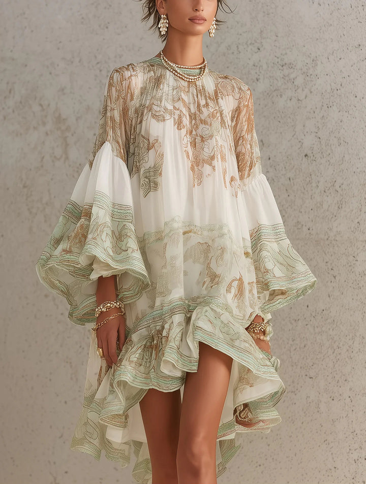 Chiffon Mini Ruha Volános Ujjakkal és Csíkos Zöld Szegéllyel - Image 1