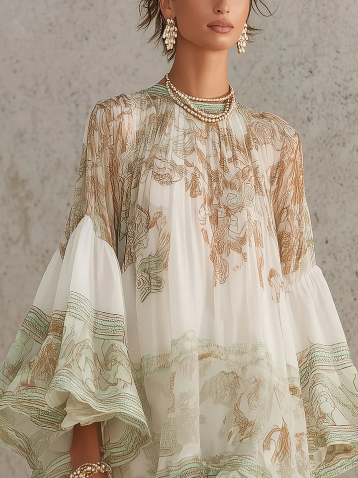 Chiffon Mini Ruha Volános Ujjakkal és Csíkos Zöld Szegéllyel - Image 4