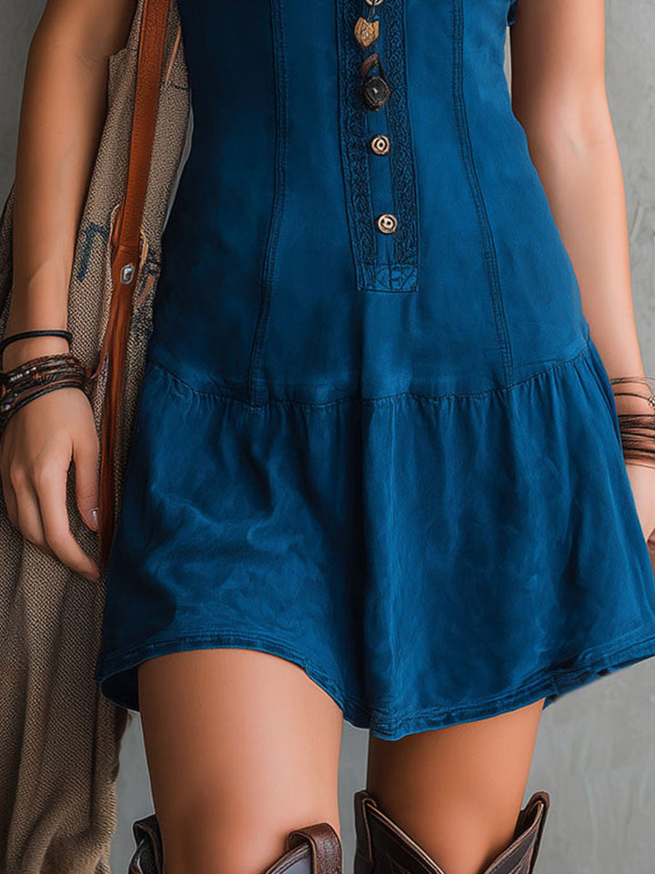 Ujjatlan Mini Ruha V-kivágással és Gombokkal Boho Indigo - Image 6