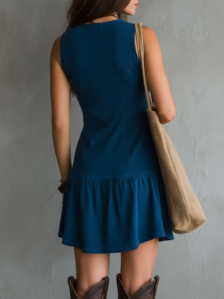 Ujjatlan Mini Ruha V-kivágással és Gombokkal Boho Indigo - Image 4