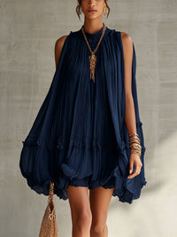 Mini Bubble Ruha Chiffon Ruffle Halter Nyakkal Tengerészkék
