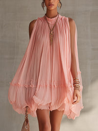 Rózsaszín Csíkos Mini Chiffon Ruha Halter Kivágással