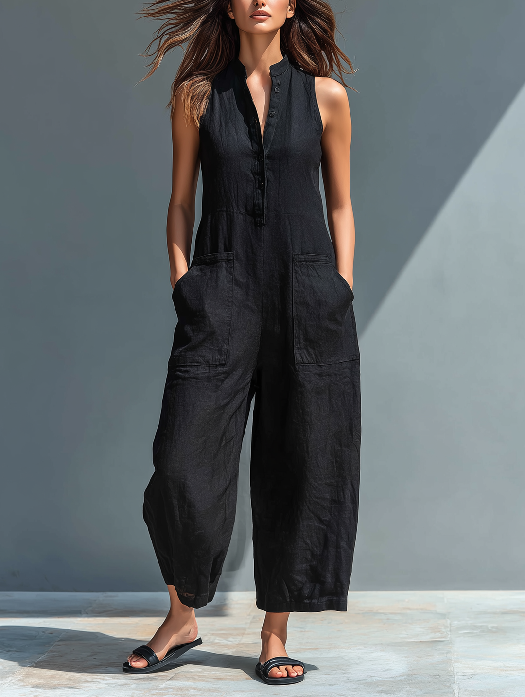 Damen Leinen Latzhose ärmellos, bequem, stilvoll, Vorderansicht, Modelansicht, Bild 1 von 7.