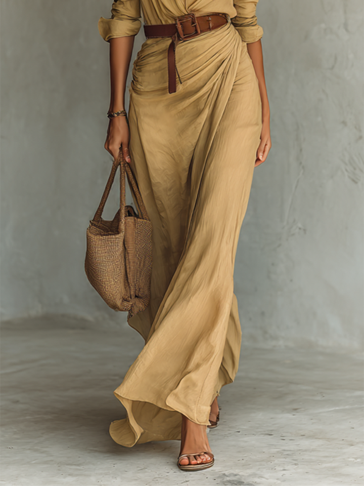 Elegant flowy maxi dress with long sleeves and revers collar, product image 3 of 7.