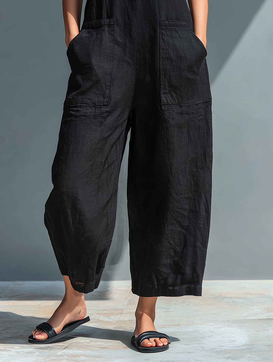 Damen Leinen Latzhose, ärmellos, bequem und stilvoll, Vorderansicht, Detailbild 4 von 7.