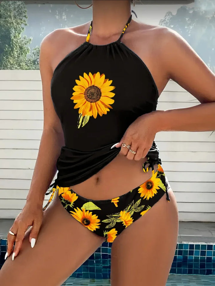 Soleado - Set van tankini met haltertop en zonnebloemprint die de buik bedekt - Image 1